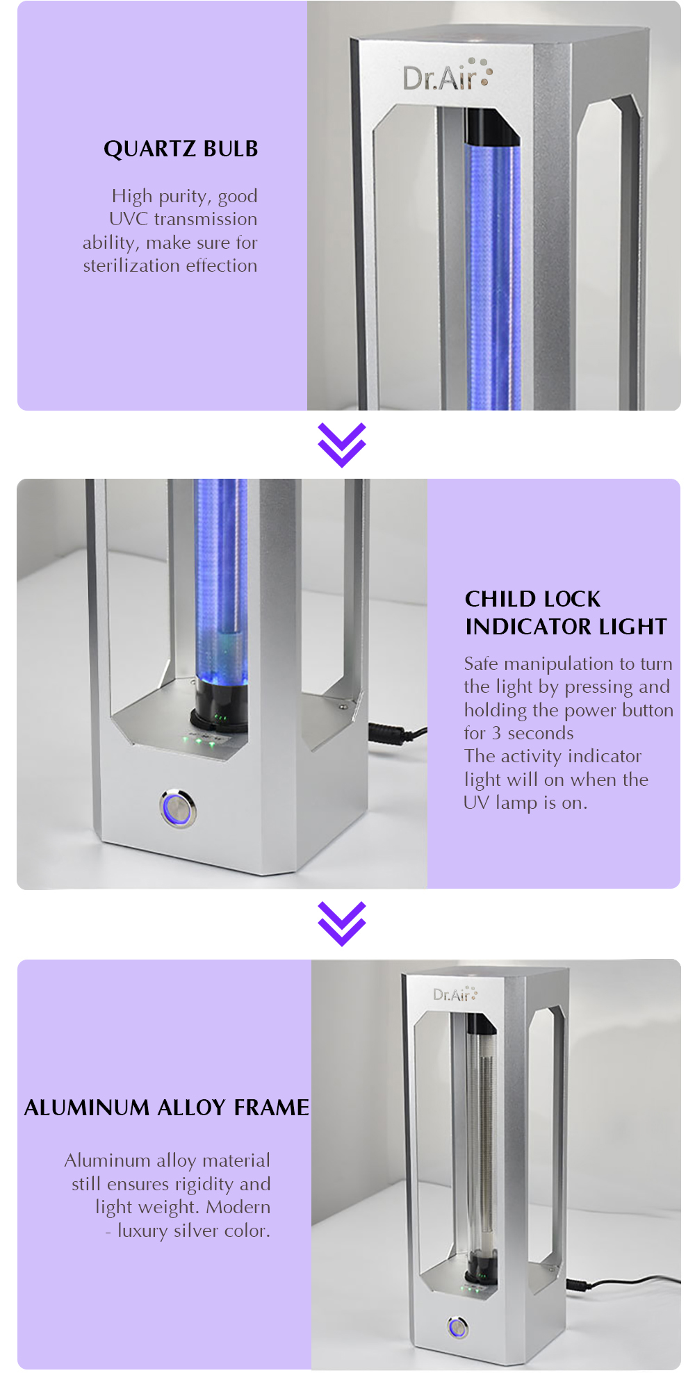 Dr.Air FELIX-222nm Antibacterial Disinfection Lamp using UV-222nm light to ensures both effective air sterilization and absolute safety 